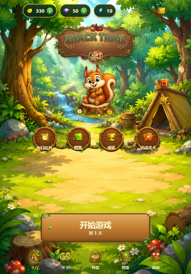 Snack Trail forest lobby with the squirrel mascot